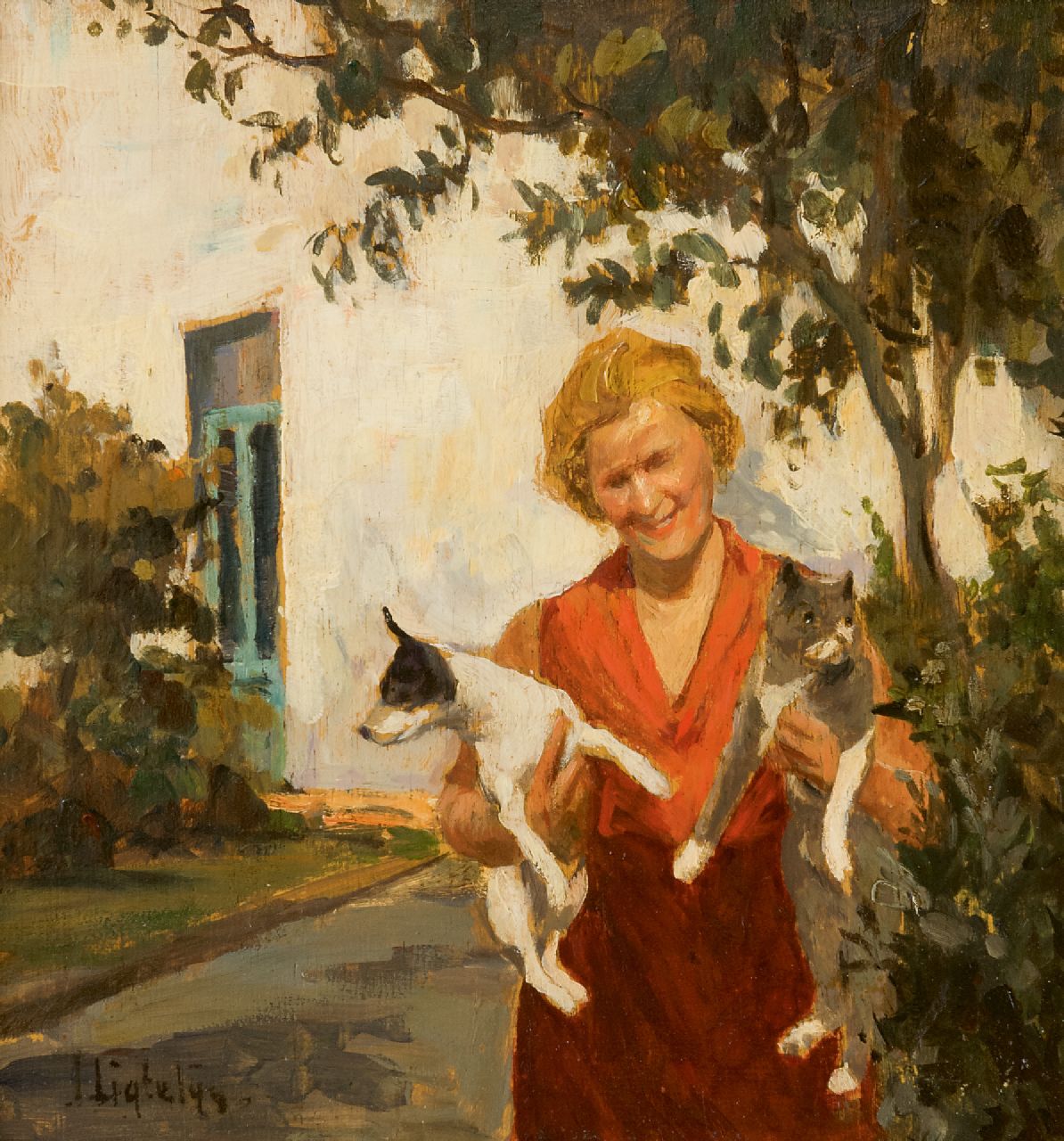 Ligtelijn E.J.  | Evert Jan Ligtelijn | Schilderijen te koop aangeboden | Vrouw met hond en kat in de tuin, olieverf op paneel 24,0 x 22,7 cm, gesigneerd linksonder