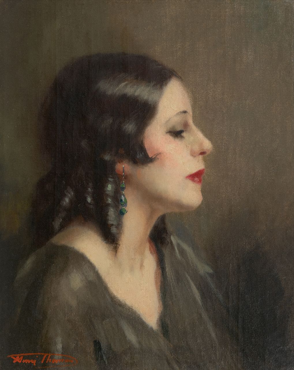 Thomas H.J.  | Henri Joseph Thomas | Schilderijen te koop aangeboden | Portret van een vrouw, en profil, olieverf op doek 50,3 x 40,4 cm, gesigneerd linksonder