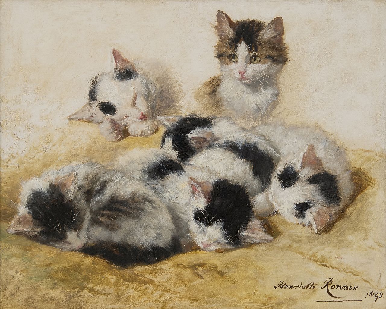 Ronner-Knip H.  | Henriette Ronner-Knip, Jonge katjes, olieverf op paneel 32,2 x 40,3 cm, gesigneerd rechtsonder en gedateerd 1892