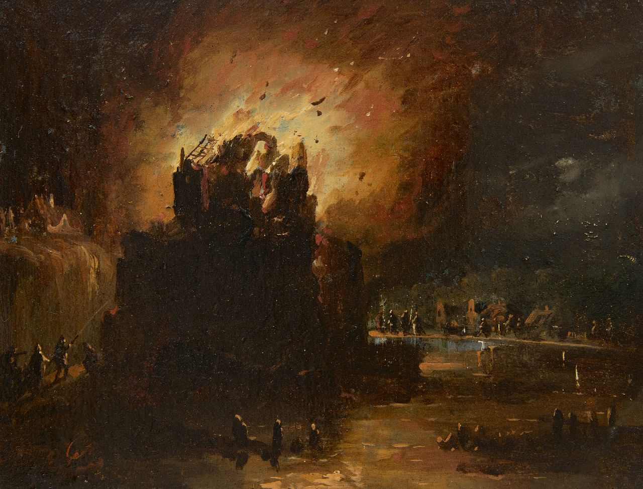 Cate H.G. ten | Hendrik Gerrit ten Cate | Schilderijen te koop aangeboden | De brand, olieverf op paneel 18,6 x 24,2 cm, gesigneerd rechtsonder
