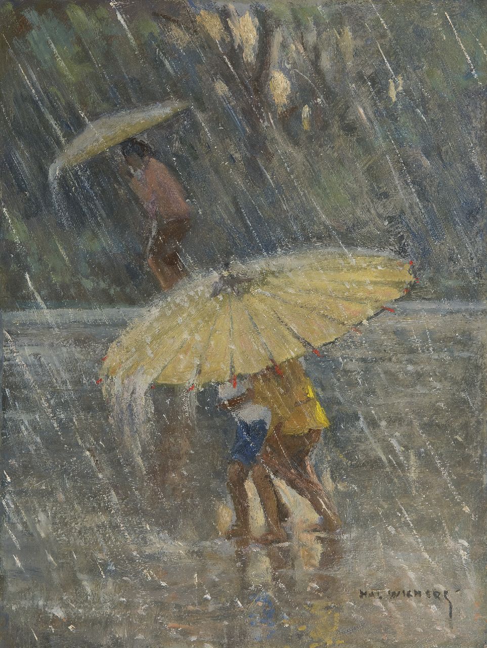 Wichers H.A.L.  | Hendrik Arend Ludolf 'Hal' Wichers | Schilderijen te koop aangeboden | De tropische regenbui, olieverf op board 40,0 x 30,1 cm, gesigneerd rechtsonder