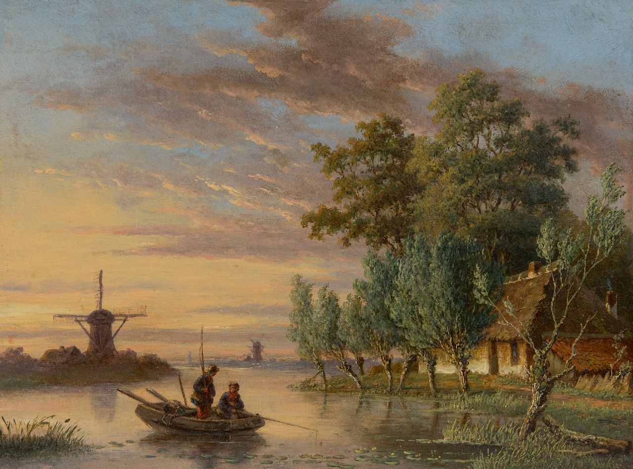 Anthony Andreas de Meijier | Rivierlandschap met vissers, bij zonsondergang, olieverf op paneel, 22,6 x 30,0 cm, gesigneerd r.o.