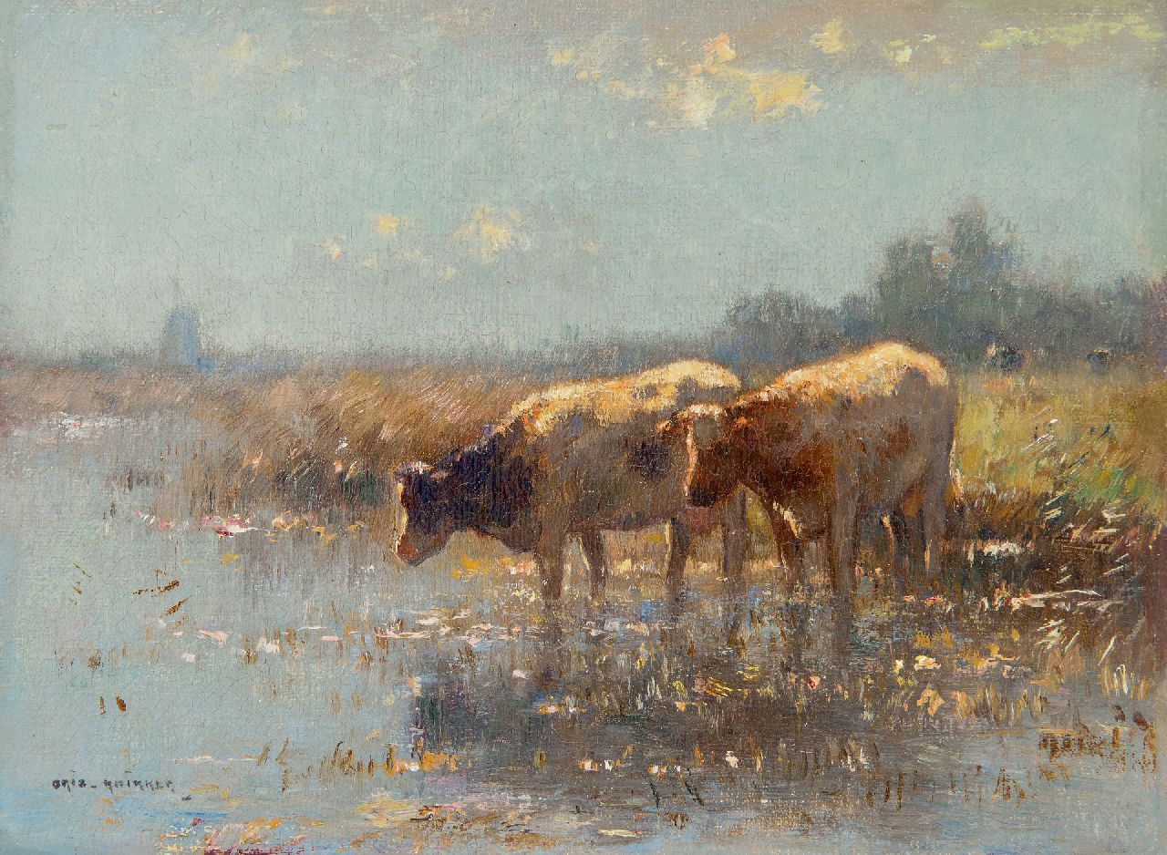 Knikker A.  | Aris Knikker, Drinkende koeien in weidelandschap, olieverf op doek op paneel 18,0 x 24,1 cm, gesigneerd linksonder