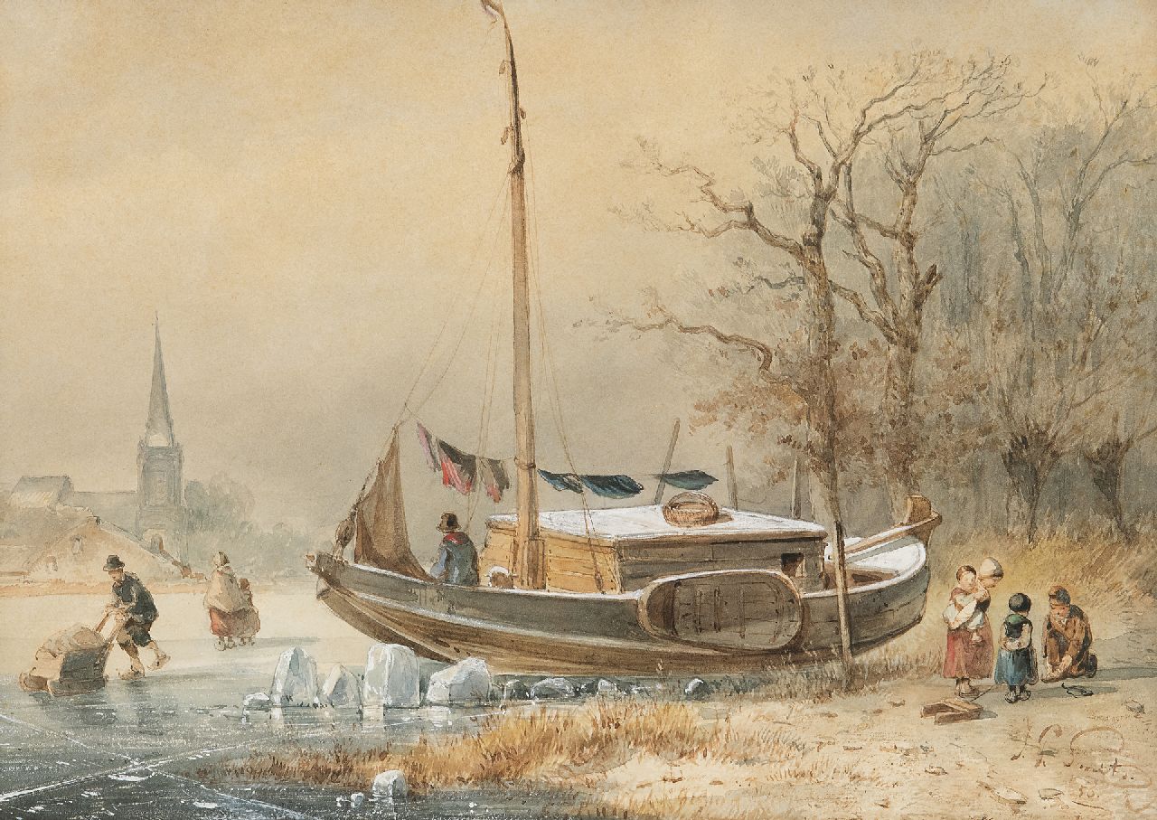 Jan Gerard Smits | Winterlandschap met vastgevroren boot, aquarel op papier, 22,0 x 30,0 cm, gesigneerd r.o. en gedateerd '50