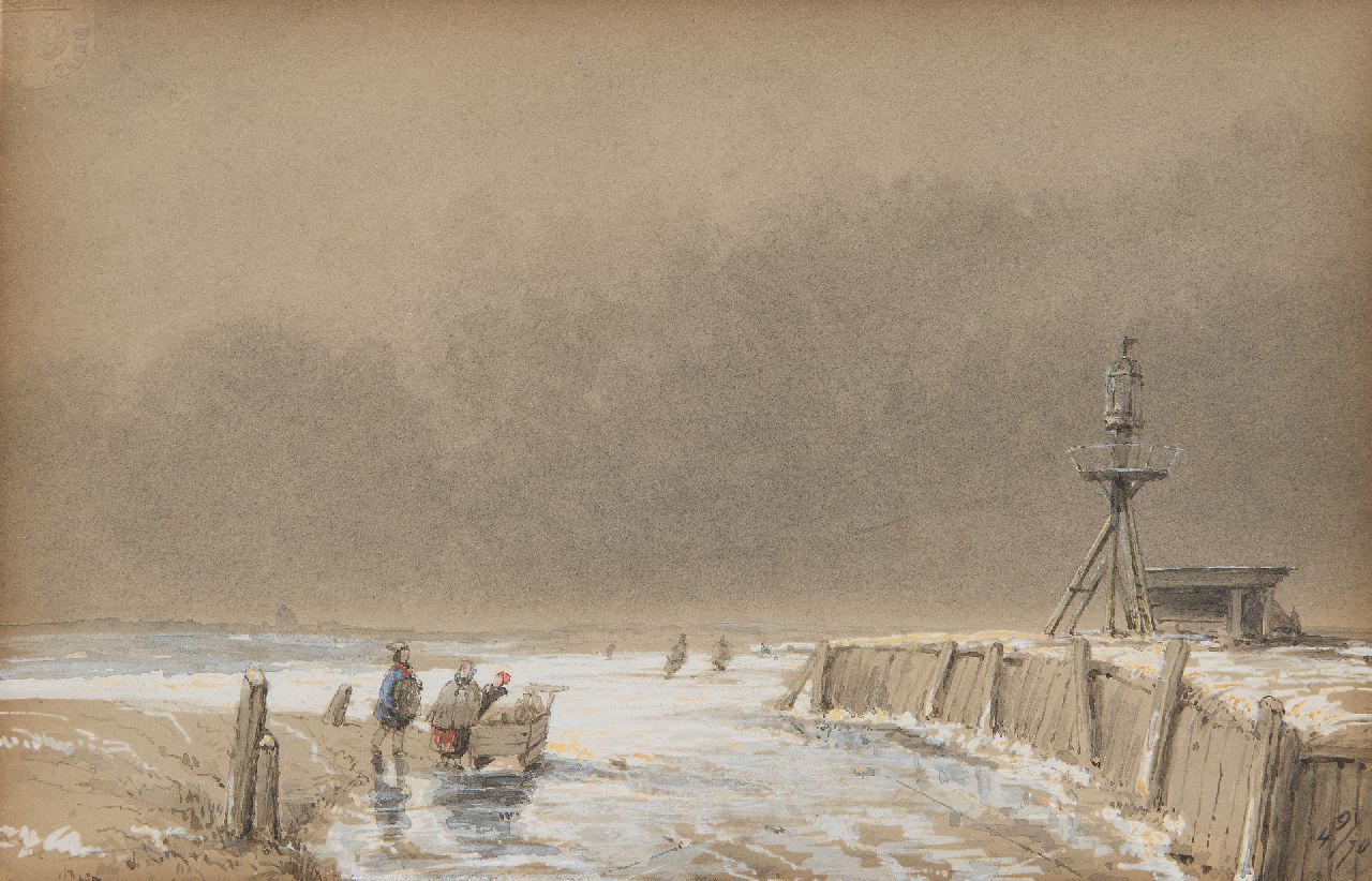 Schelfhout A. | Andreas Schelfhout | Aquarellen en tekeningen te koop aangeboden | Figuren op het ijs bij een vuurbaken I.O. I.O., inkt en aquarel op papier 14,0 x 22,5 cm Schelfhout A. | Andreas Schelfhout | Aquarellen en tekeningen te koop aangeboden | Figuren op het ijs bij een vuurbaken I.O. I.O., inkt en aquarel op papier 14,0 x 22,5 cm