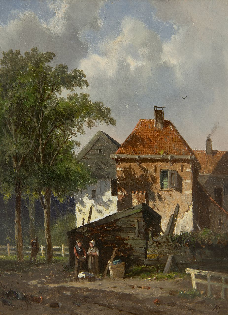 Eversen A.  | Adrianus Eversen | Schilderijen te koop aangeboden | Zonnig dorpsgezicht, olieverf op paneel 27,0 x 20,0 cm, gesigneerd rechtsonder met monogram