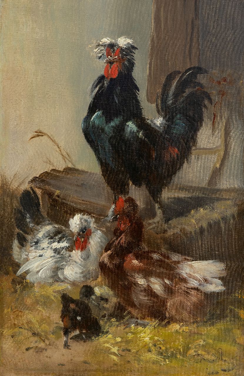 Schouten H.  | Henry Schouten | Schilderijen te koop aangeboden | Zwarte haan met kippen, olieverf op doek 60,2 x 40,3 cm, gesigneerd rechtsonder