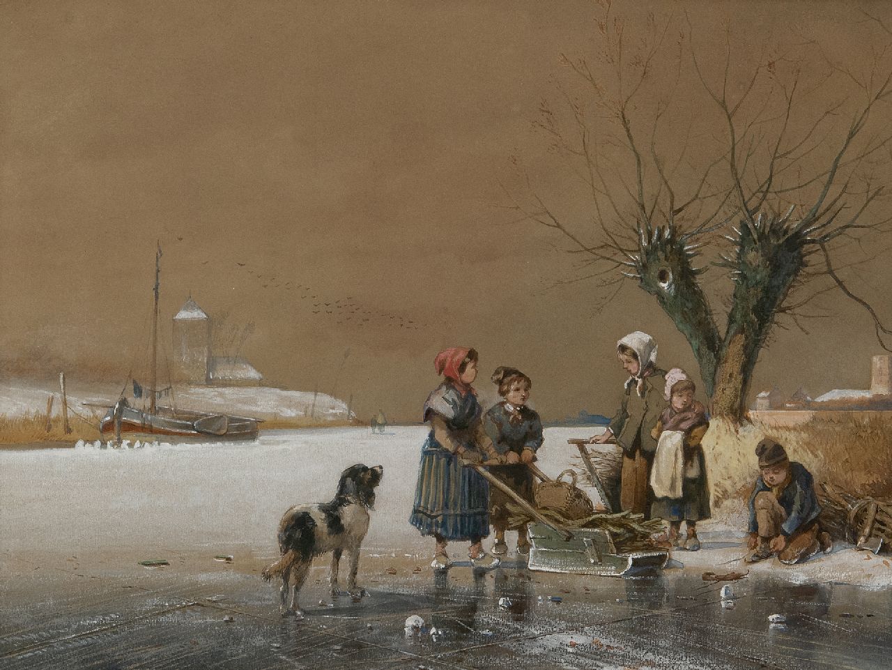 Jan Gerard Smits | Kinderen op het ijs, aquarel en gouache op papier, 26,5 x 35,5 cm