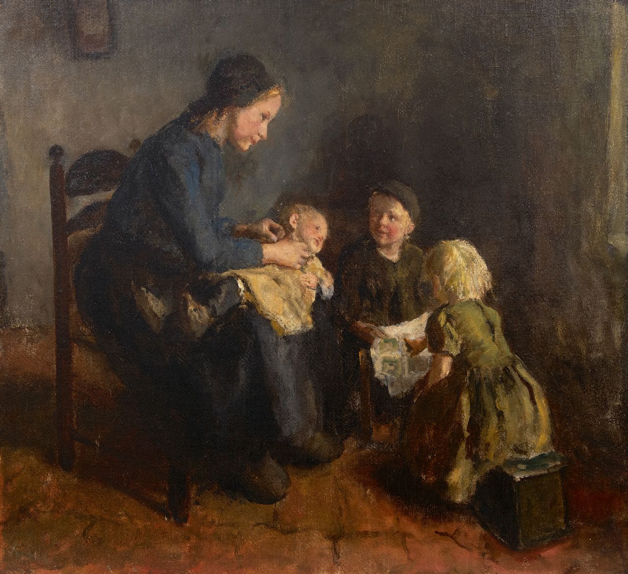 Kever J.S.H.  | Jacob Simon Hendrik 'Hein' Kever, Larens interieur met moeder en kinderen, olieverf op doek op board 76,1 x 82,9 cm, gesigneerd linksonder