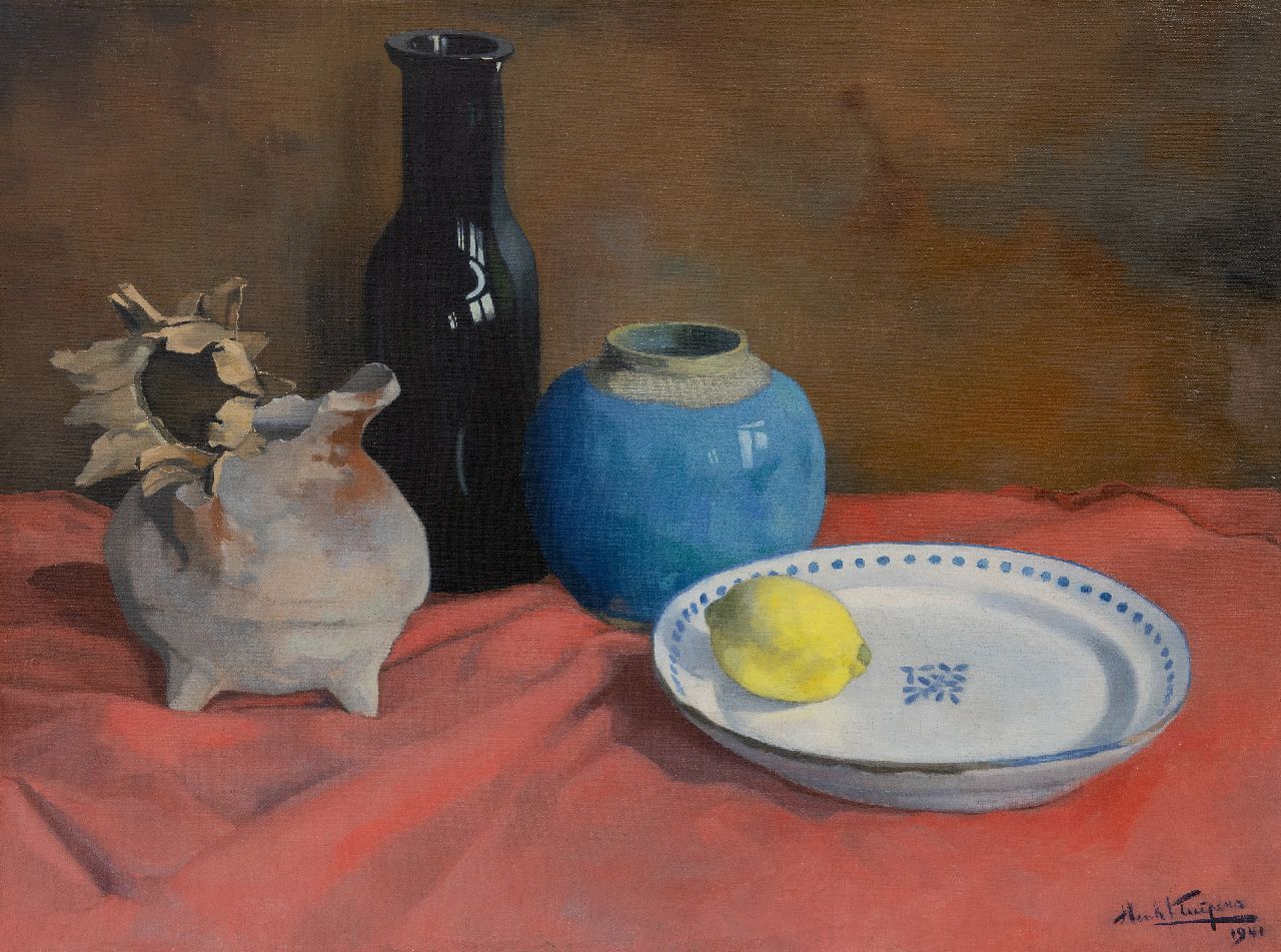 Henk Kuipers | Stilleven met vaatwerk en citroen, olieverf op doek, 45,7 x 60,5 cm, gesigneerd r.o. en gedateerd 1941