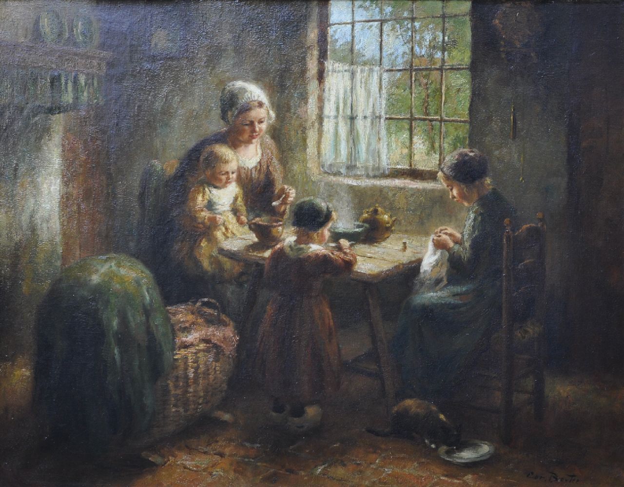 Bouter C.W.  | Cornelis Wouter 'Cor' Bouter, Larens interieur met moeder en kinderen aan tafel, olieverf op doek 80,3 x 100,4 cm, gesigneerd rechtsonder