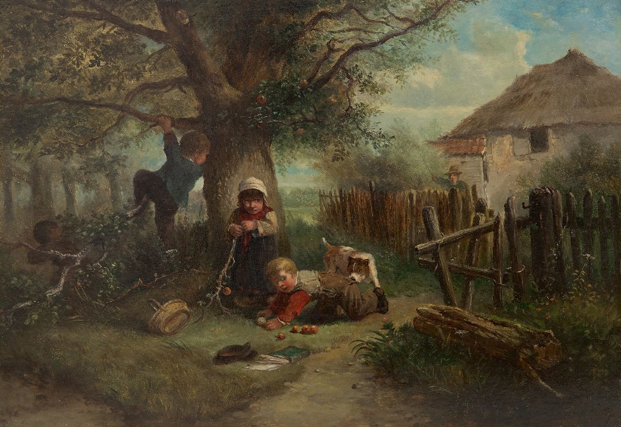 Kate J.M.H. ten | Johan 'Mari' Henri ten Kate | Schilderijen te koop aangeboden | De kleine appeldiefjes, olieverf op paneel 30,6 x 44,0 cm, gesigneerd rechtsonder
