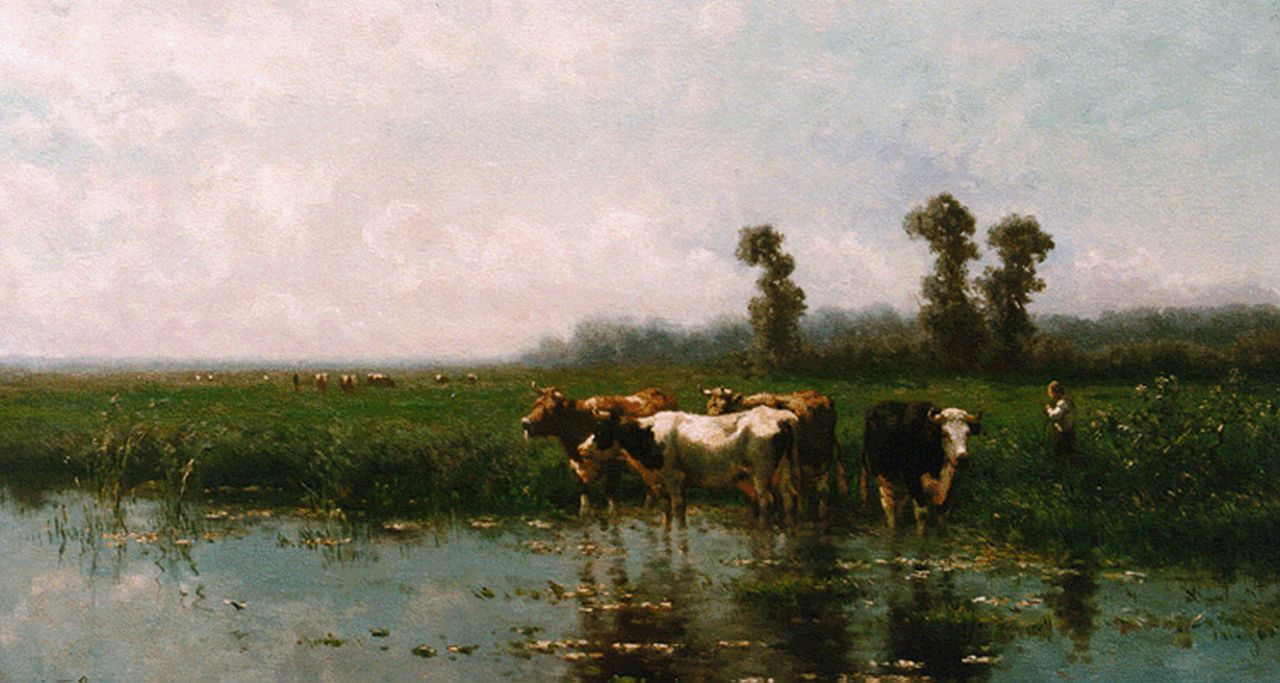 Vrolijk J.M.  | Johannes Martinus 'Jan' Vrolijk, Koeien aan de waterkant, olieverf op paneel 51,0 x 90,0 cm, gesigneerd linksonder en gedateerd '87
