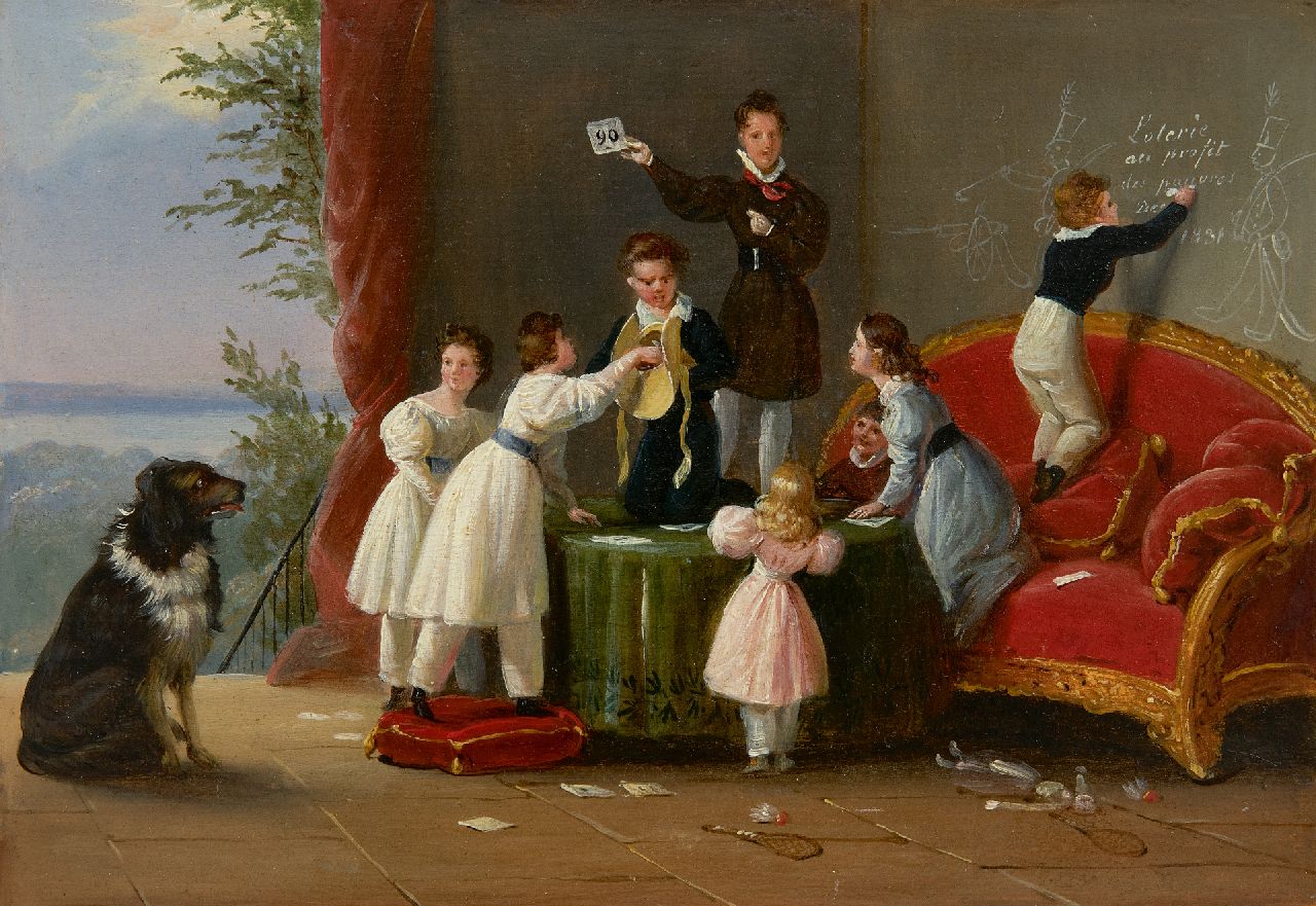 Pingret E.H.T.  | Édouard Henri Théophile Pingret | Schilderijen te koop aangeboden | De armenloterij, olieverf op paneel 17,5 x 25,5 cm, gesigneerd rechtsonder en gedateerd 1831, zonder lijst