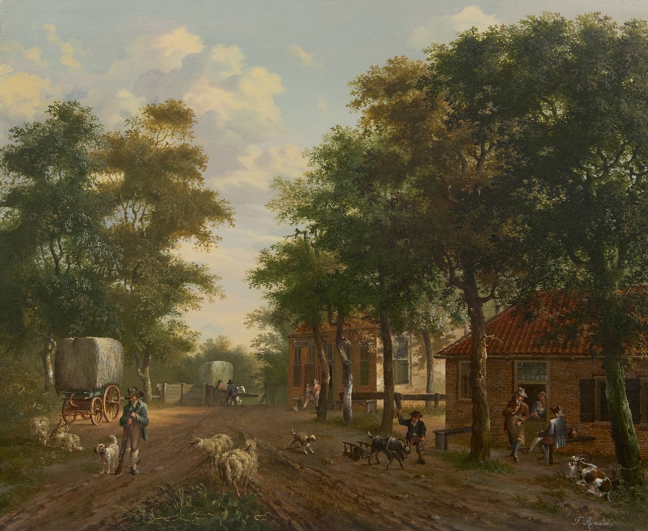 Renard F.T.  | Fredericus Theodorus Renard | Schilderijen te koop aangeboden | Landelijke bedrijvigheid in een dorp, olieverf op paneel 52,1 x 63,4 cm, gesigneerd rechtsonder