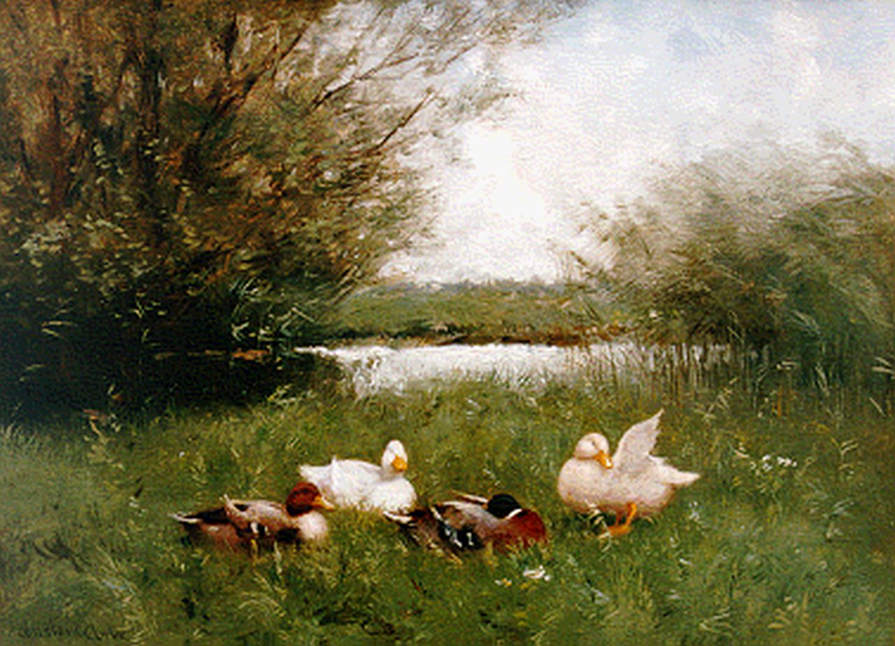 Artz C.D.L.  | 'Constant' David Ludovic Artz, Vier eenden op de oever, olieverf op paneel 23,5 x 32,0 cm, gesigneerd linksonder