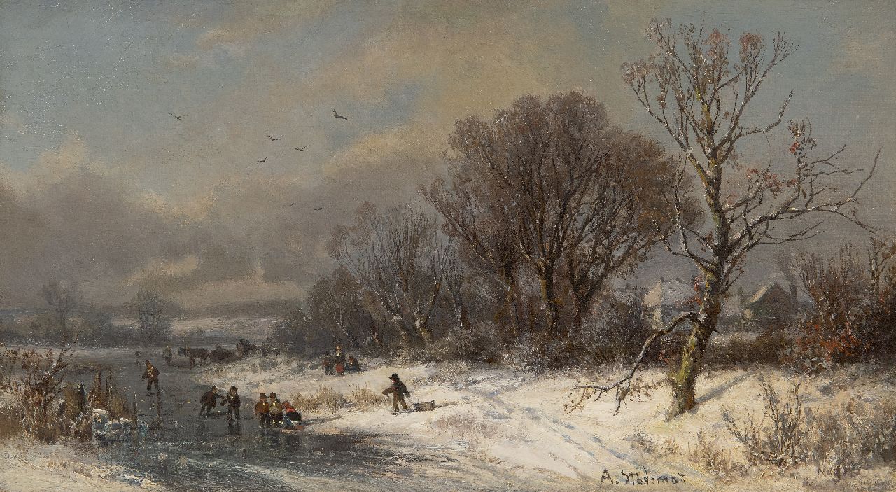 Stademann A.  | Adolf Stademann | Schilderijen te koop aangeboden | Winterlandschap met paard en wagen en spelende kinderen op het ijs, olieverf op doek 31,0 x 56,0 cm, gesigneerd rechtsonder