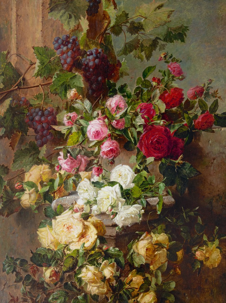 Haanen A.J.  | Adriana Johanna Haanen, Stilleven met rozen en druiven, olieverf op doek 101,6 x 76,5 cm, gesigneerd rechtsonder en gedateerd 1874
