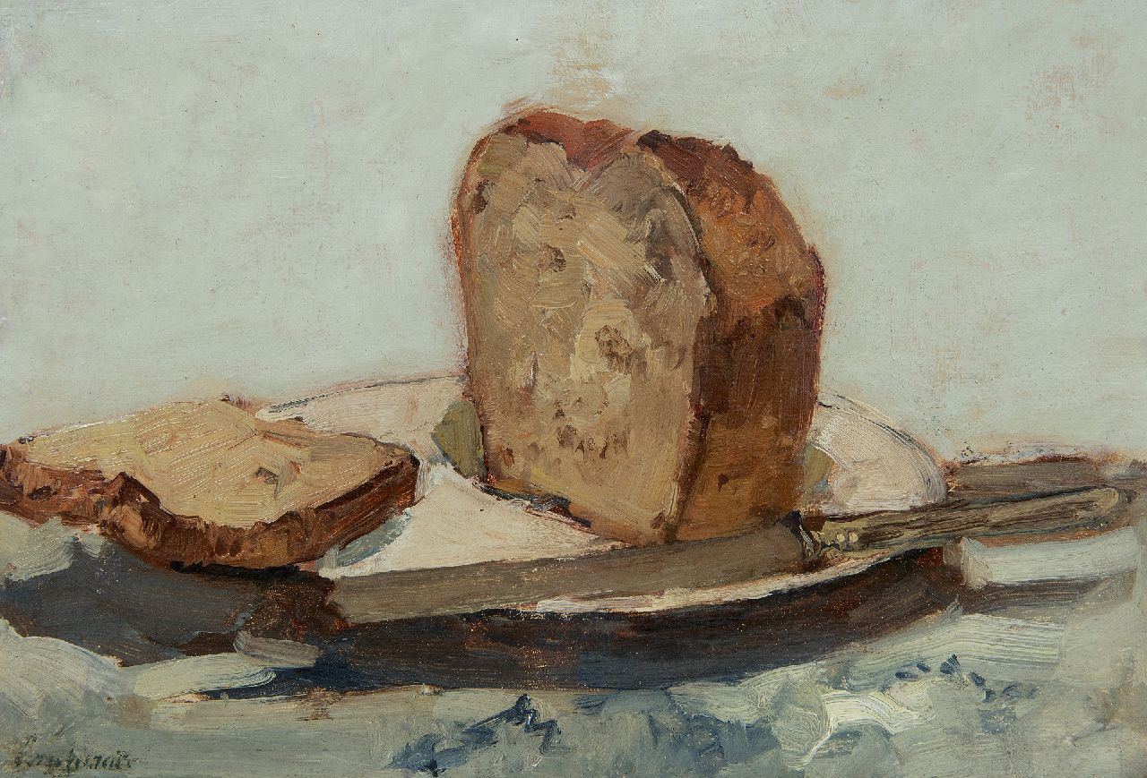 Windt Ch. van der | Christophe 'Chris' van der Windt | Schilderijen te koop aangeboden | Stilleven met aangesneden brood, olieverf op schildersboard 21,4 x 31,6 cm, gesigneerd linksonder