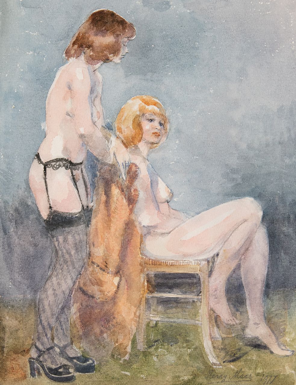 Harry Maas | Staand en zittend naakt, aquarel op papier, 51,7 x 38,8 cm, gesigneerd r.o. en gedateerd 1977