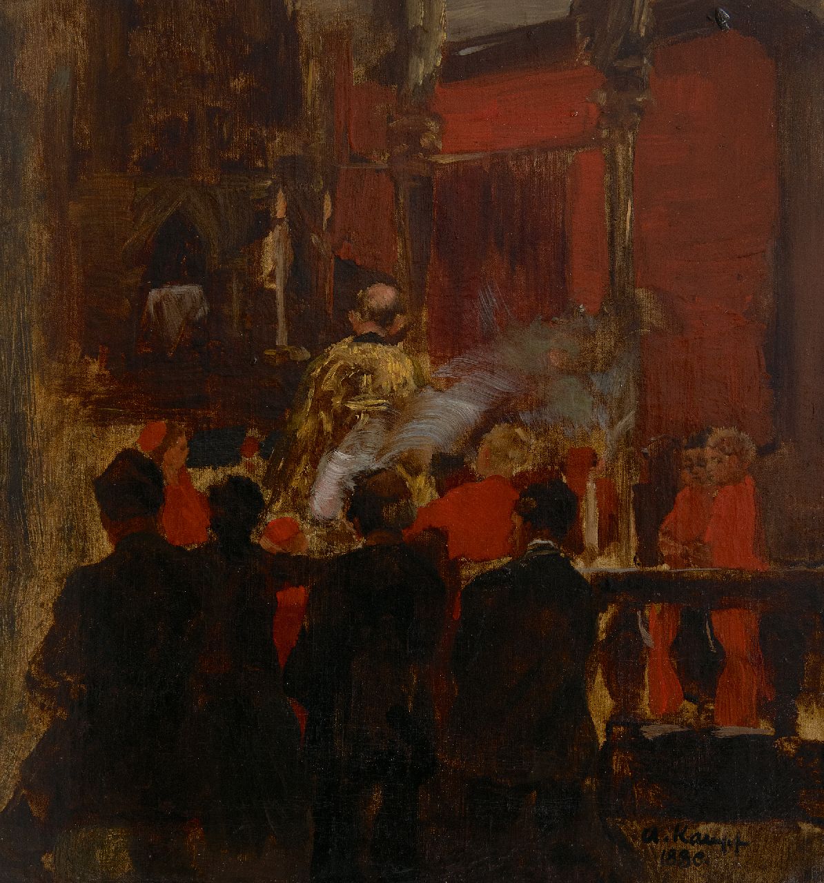 Kampf E.P.A.  | Egbert Paul 'Arthur' Kampf | Schilderijen te koop aangeboden | Bij het koor, olieverf op doek 31,9 x 30,2 cm, gesigneerd rechtsonder en gedateerd 1880