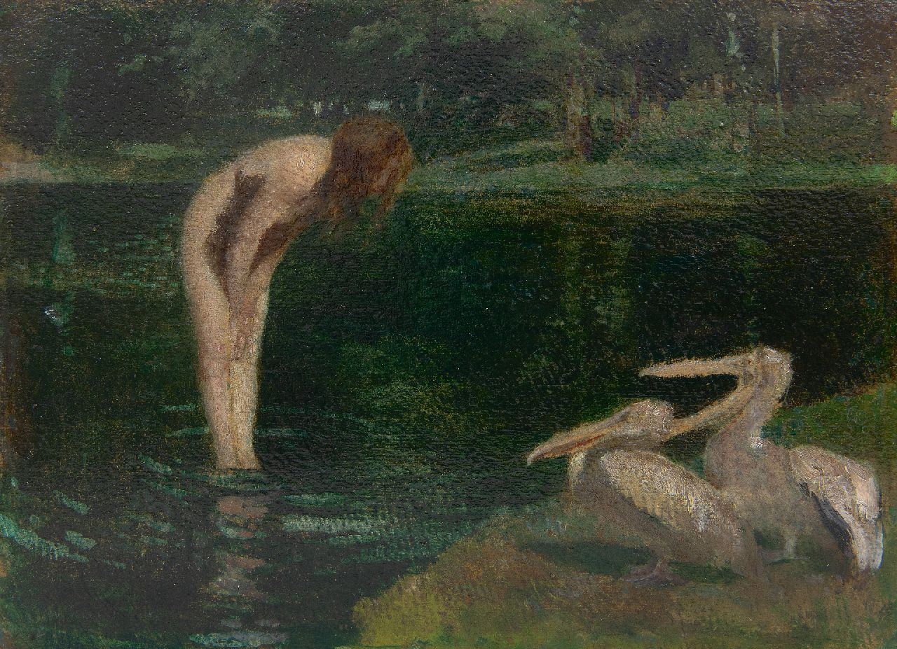 Geffcken W.  | Walter Geffcken | Schilderijen te koop aangeboden | Ontmoeting bij het meer, olieverf op board op paneel 20,9 x 28,1 cm, gesigneerd linksonder (vaag)