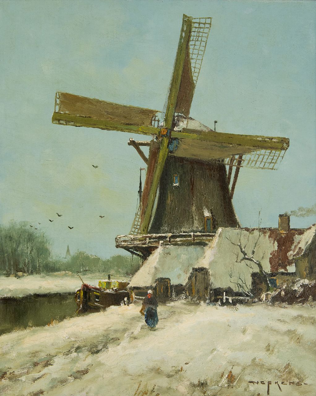Nefkens M.J.  | Martinus Jacobus Nefkens | Schilderijen te koop aangeboden | Molen in een sneeuwlandschap, olieverf op doek 50,3 x 40,3 cm, gesigneerd rechtsonder