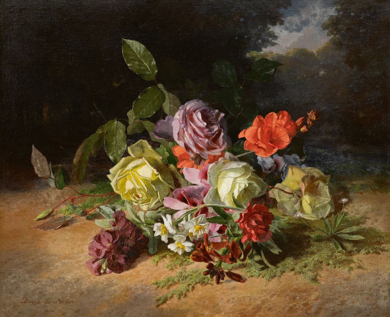Noter D.E.J. de | 'David' Emile Joseph de Noter | Schilderijen te koop aangeboden | Rozenboeket en zomerbloemen op de bosgrond, olieverf op doek 46,3 x 55,1 cm, gesigneerd linksonder