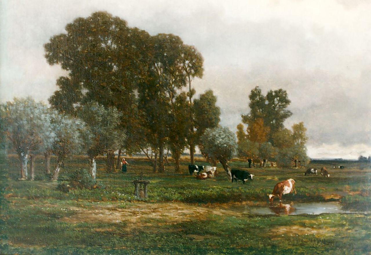 Alexander Mollinger | Vee in de weide, olieverf op doek, 38,8 x 51,5 cm, gesigneerd l.o. en gedateerd 1857