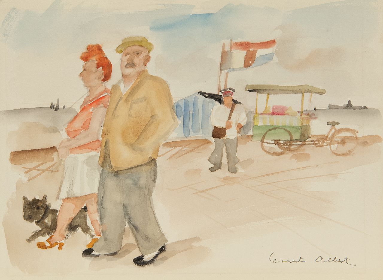 Albert E.  | Ernest Albert | Aquarellen en tekeningen te koop aangeboden | Echtpaar met hond op de boulevard, aquarel op papier 26,0 x 35,0 cm, gesigneerd rechtsonder