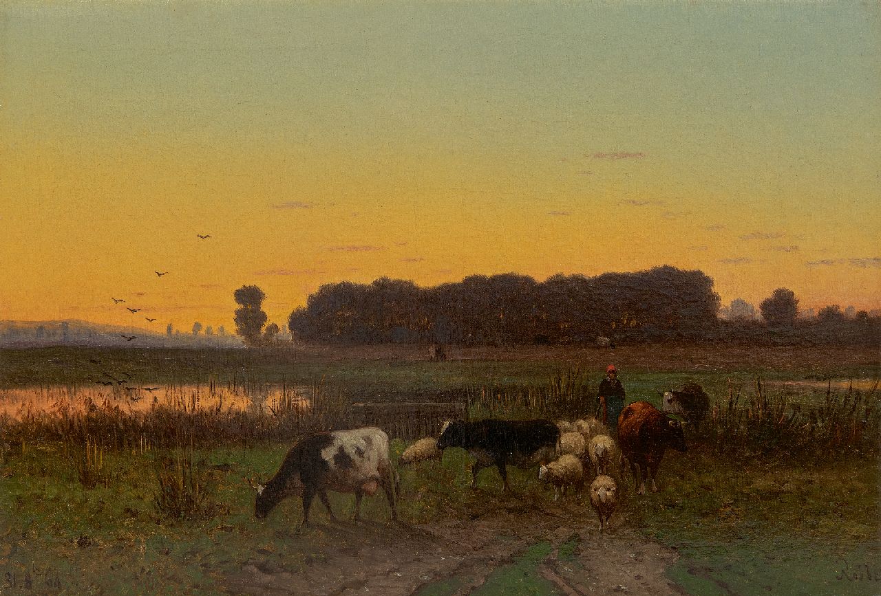 Robbe H.A.  | Henri Alexander Robbe | Schilderijen te koop aangeboden | Herderin en vee op weg naar huis, olieverf op doek 34,1 x 49,8 cm, gesigneerd rechtsonder