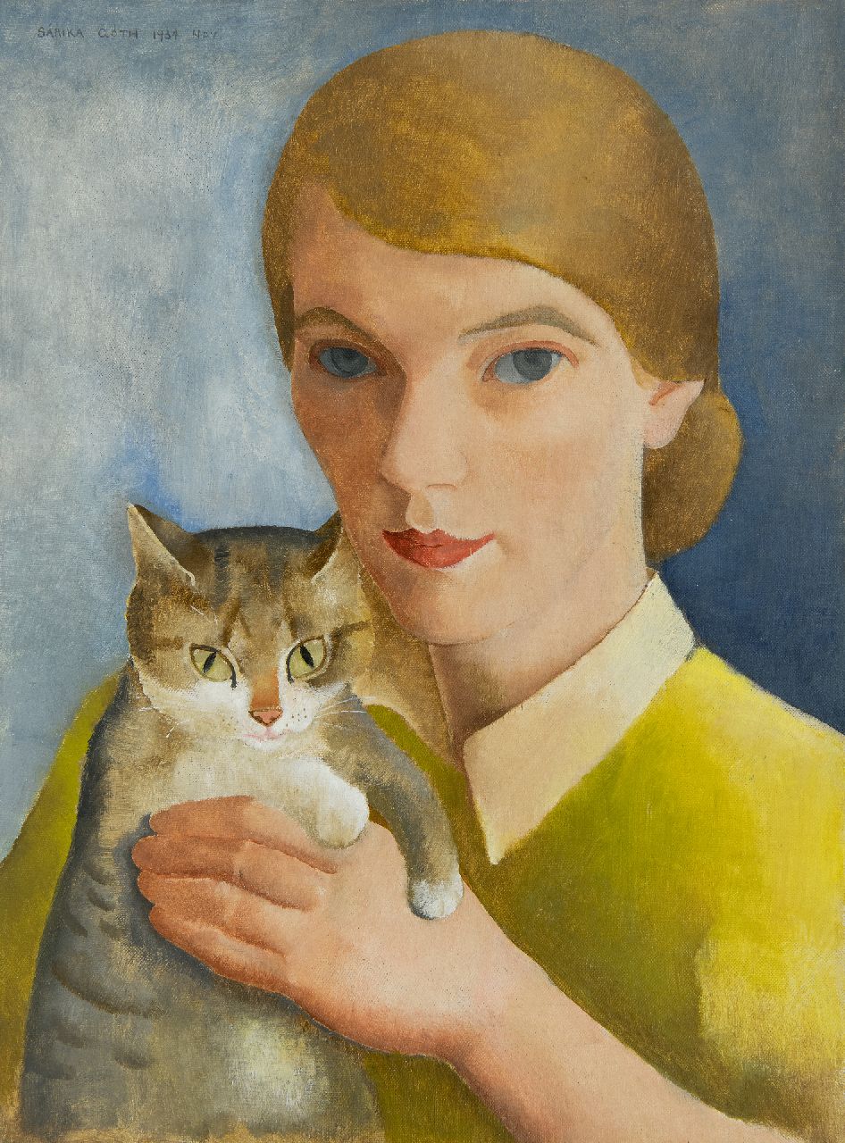 Góth C.  | Charlotte 'Sarika' Góth, Zelfportret met poes, olieverf op doek 40,0 x 30,2 cm, gesigneerd linksboven en gedateerd nov. 1934