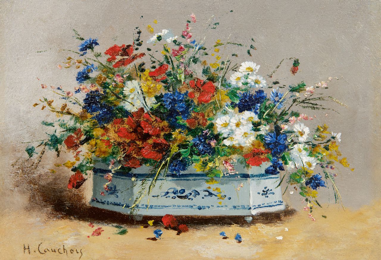 Cauchois E.H.  | Eugène-Henri Cauchois, Zomerbloemen, olieverf op paneel 16,8 x 24,1 cm, gesigneerd linksonder