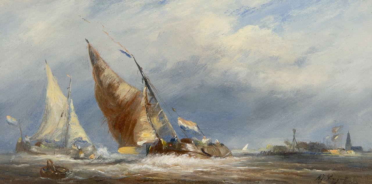 Prooijen A.J. van | Albert Jurardus van Prooijen | Schilderijen te koop aangeboden | Laverende tjalken bij stormweer, olieverf op paneel 14,7 x 29,4 cm, gesigneerd rechtsonder