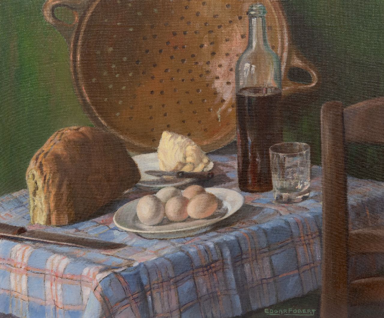 Fobert E.  | Edgar Fobert | Schilderijen te koop aangeboden | Stilleven met brood, boter en eieren, olieverf op doek 50,2 x 60,5 cm, gesigneerd rechtsonder