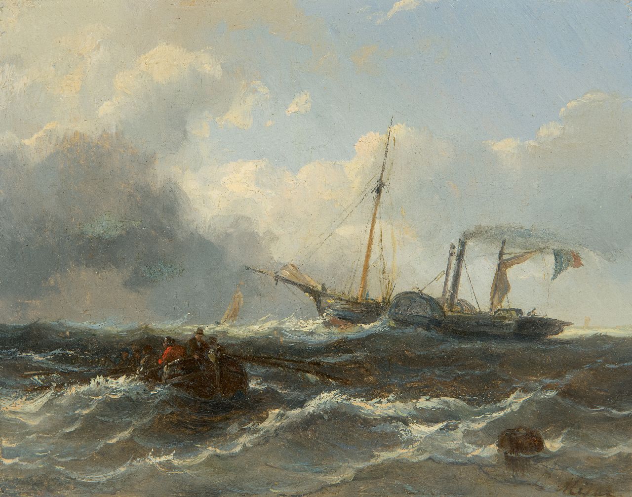 Meijer J.H.L.  | Johan Hendrik 'Louis' Meijer | Schilderijen te koop aangeboden | Roeiboot en stoomschip op zee, olieverf op paneel 14,9 x 19,0 cm, gesigneerd rechtsonder