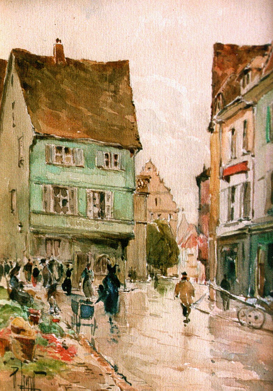 Leverd R.  | René Leverd, Straatscene in Colmar, (Elzas), aquarel op papier 18,5 x 13,5 cm, gesigneerd linksonder