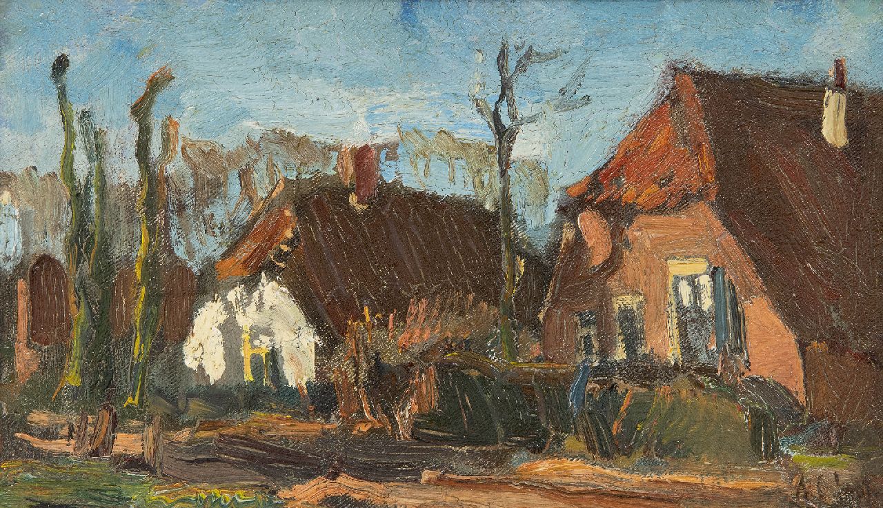 Colnot A.J.G.  | 'Arnout' Jacobus Gustaaf Colnot | Schilderijen te koop aangeboden | Boerderijen aan een dorpsweg, olieverf op doek op paneel 14,8 x 24,7 cm, gesigneerd rechtsonder