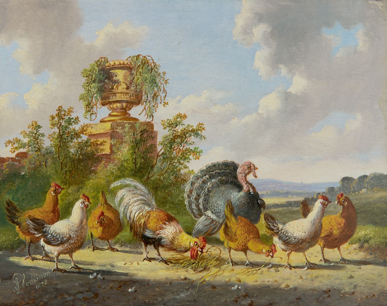 Verhoesen A.  | Albertus Verhoesen | Schilderijen te koop aangeboden | Pluimvee in een weids landschap, olieverf op paneel 14,3 x 18,6 cm, gesigneerd linksonder en gedateerd 1878