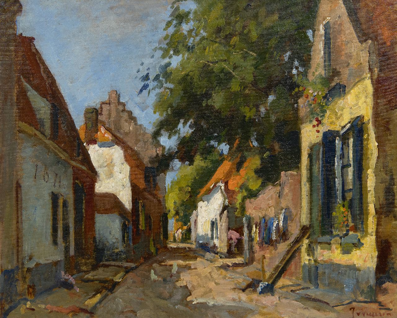 Vuuren J. van | Jan van Vuuren | Schilderijen te koop aangeboden | Zonnig dorpsstraatje, olieverf op doek 40,0 x 50,1 cm, gesigneerd rechtsonder