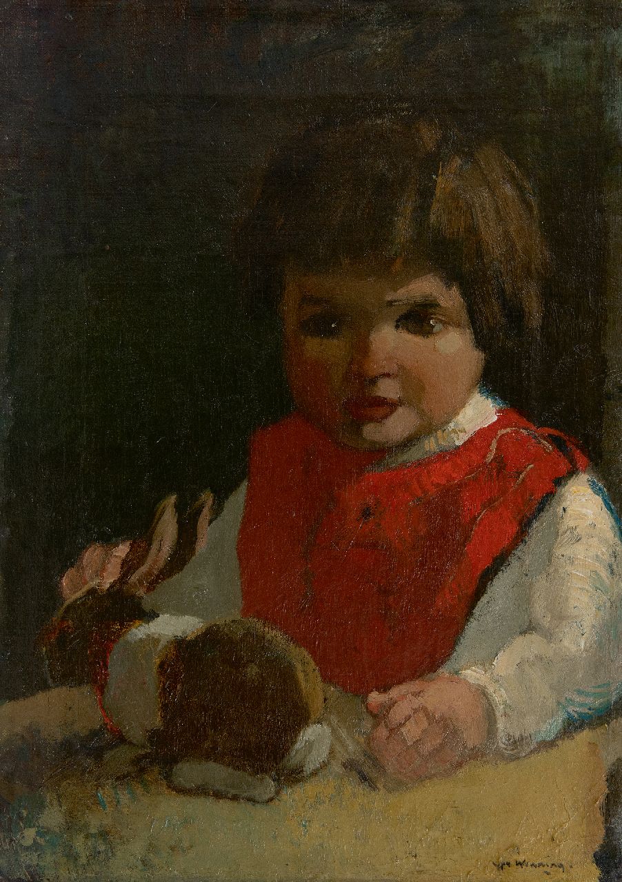 Wenning IJ.H.  | IJpe Heerke 'Ype' Wenning | Schilderijen te koop aangeboden | Meisje met haar knuffelkonijn, olieverf op doek 36,4 x 26,2 cm, gesigneerd rechtsonder