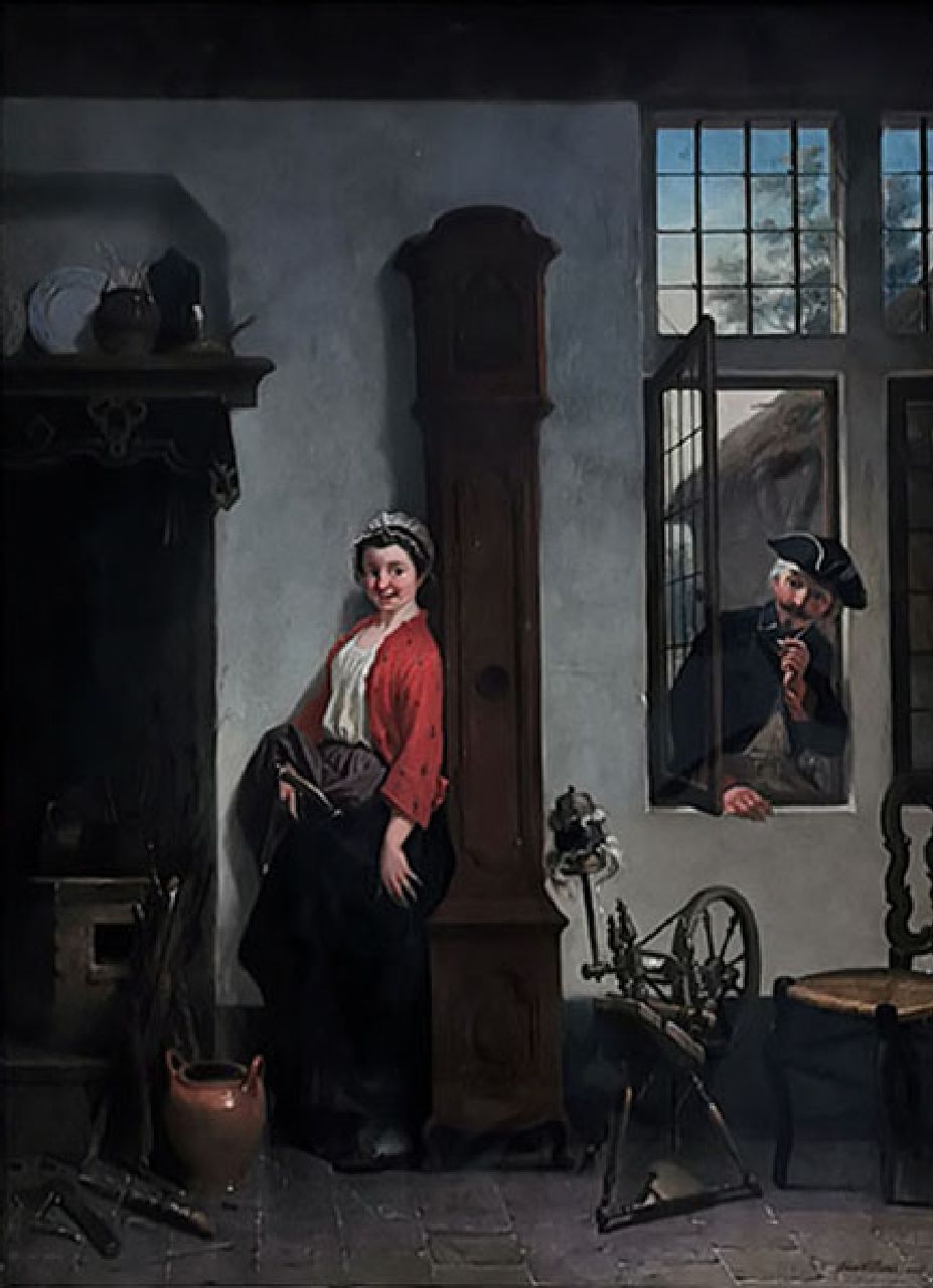 Belgische School, 2e helft 19e eeuw   | Belgische School, 2e helft 19e eeuw | Schilderijen te koop aangeboden | Bezoek tijdens het spinnen, olieverf op paneel 69,8 x 49,4 cm, gesigneerd rechtsonder en gedateerd 1865