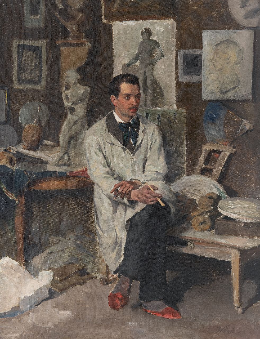 Weiland J.  | Johannes Weiland, Kunstenaar in zijn atelier, olieverf op doek 49,2 x 37,7 cm, gesigneerd rechtsonder