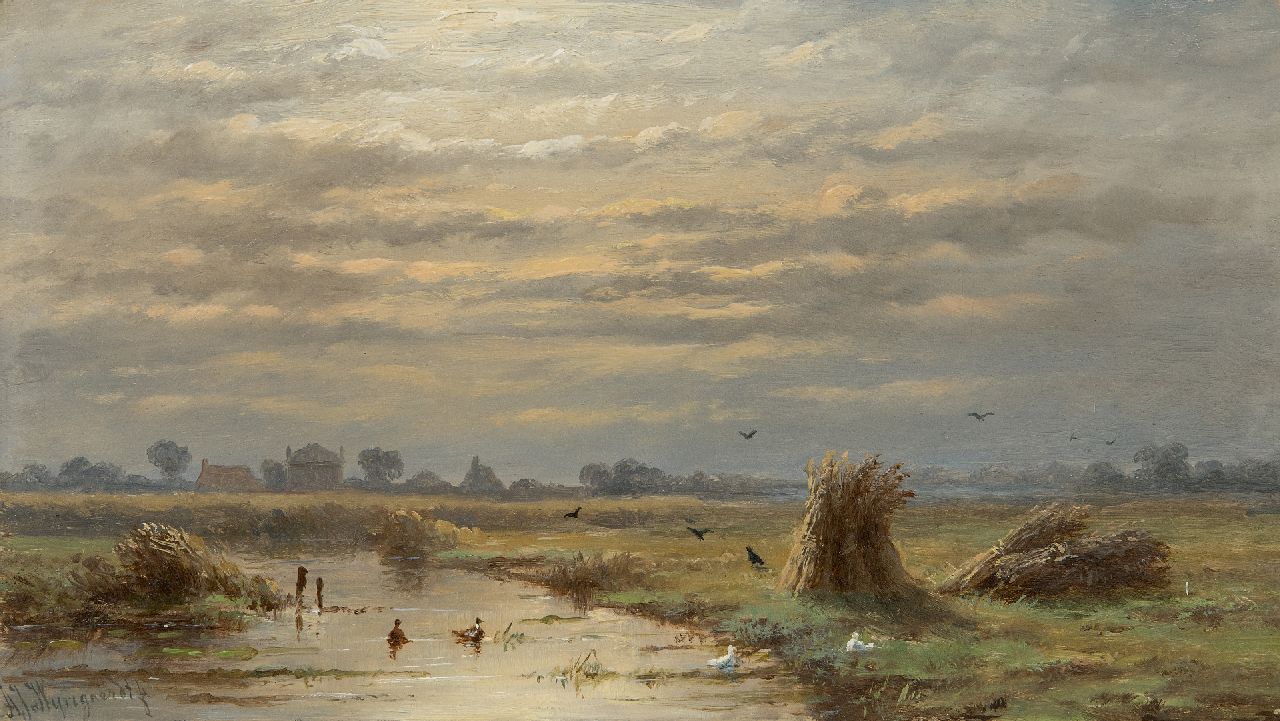 Wijngaerdt A.J. van | Anthonie Jacobus van Wijngaerdt, Polderlandschap, olieverf op paneel 16,4 x 29,1 cm, gesigneerd linksonder