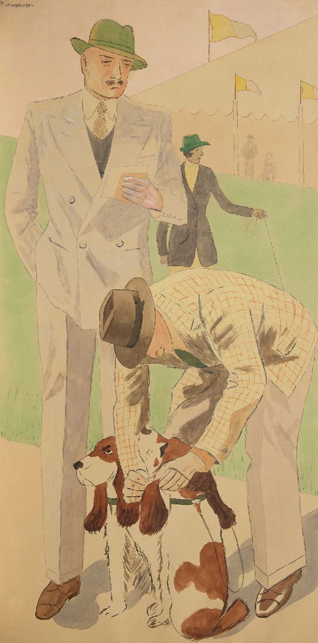 Hem P. van der | Pieter 'Piet' van der Hem | Aquarellen en tekeningen te koop aangeboden | Op de hondenshow, aquarel op papier 127,4 x 68,0 cm, gesigneerd linksboven