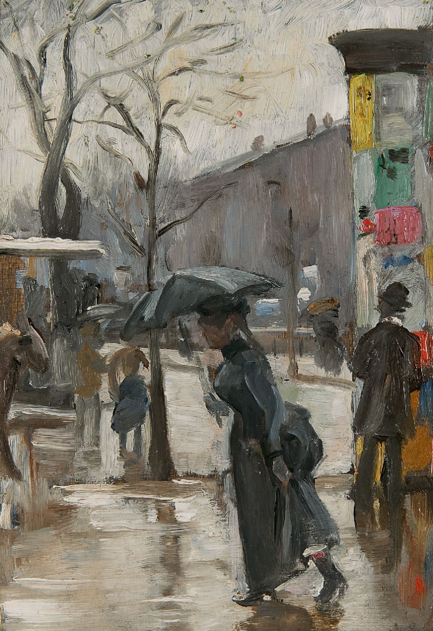 Hoeniger P.  | Paul Hoeniger, Een regenachtige dag langs de Seine in Parijs, olieverf op paneel 24,7 x 16,9 cm, gesigneerd rechtsonder