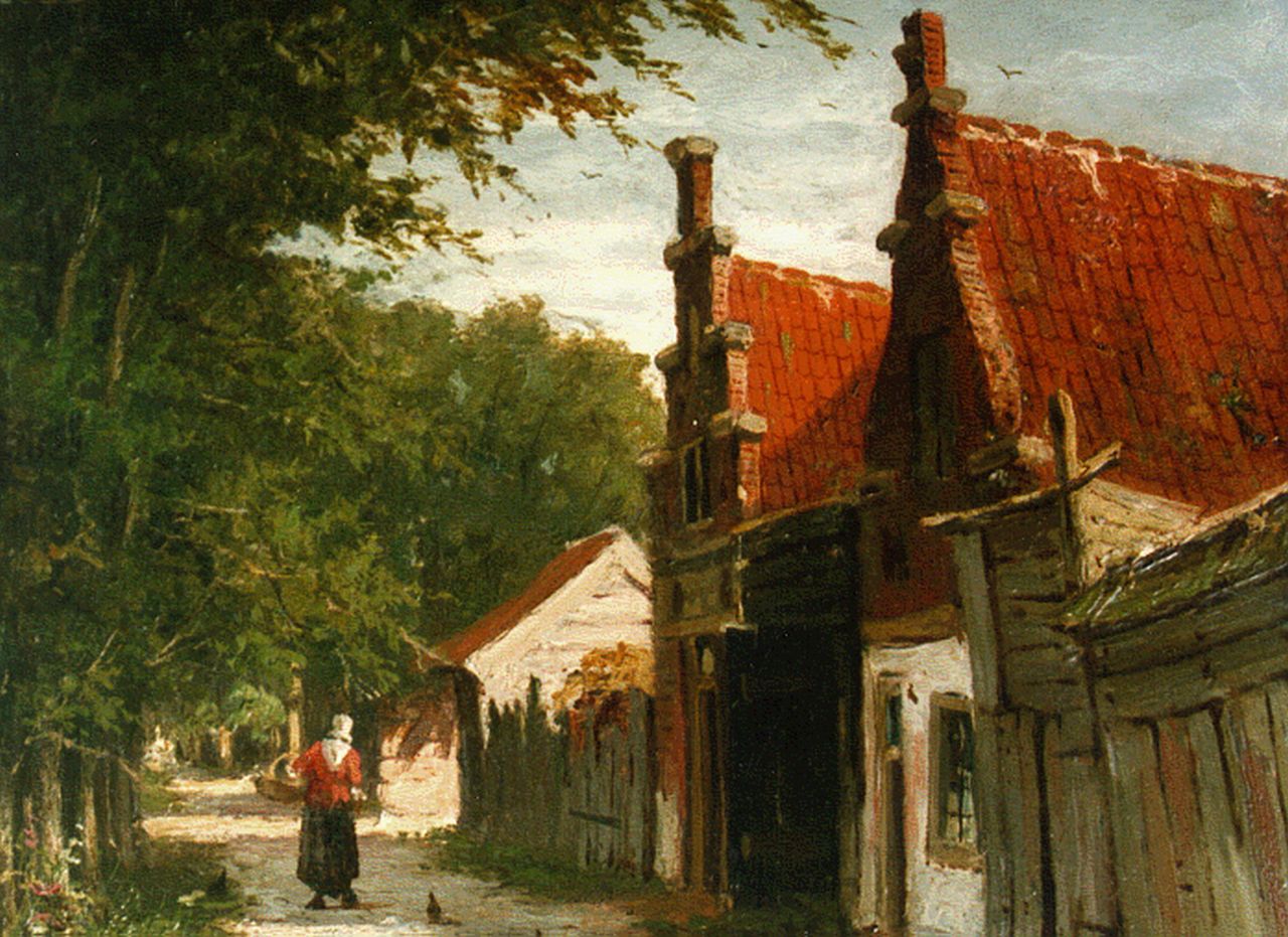 Mittertreiner J.J.  | Johannes Jacobus Mittertreiner, Dorpsstraatje met vrouw, olieverf op paneel 15,2 x 19,0 cm, gesigneerd rechtsonder