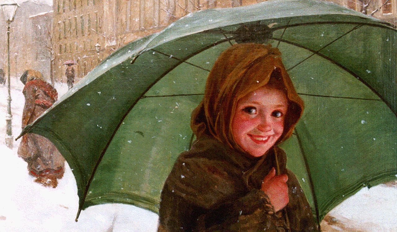 Belimbau A.  | Adolfo Belimbau, Onder moeders paraplu, 44,5 x 64,3 cm, gesigneerd linksonder