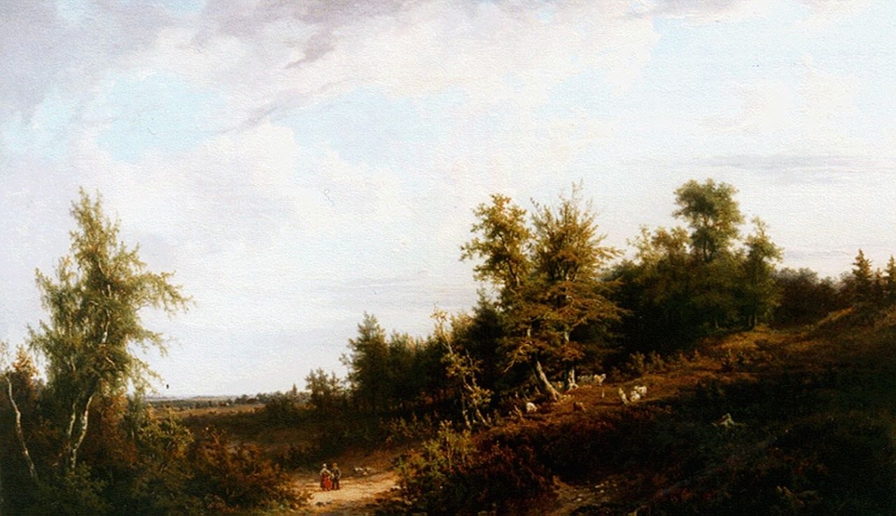 Munter D.H.  | David Heinrich Munter, Figuren op pad in romantisch boslandschap, olieverf op paneel 55,0 x 77,5 cm, gesigneerd rechtsonder