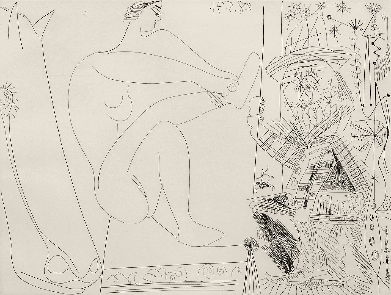 Picasso | Au cirque. Écuyère se chaussant dans les coulisses et clown au trapèze., ets, 31,4 x 41,2 cm, gedateerd 28.5.71 (in de plaat)